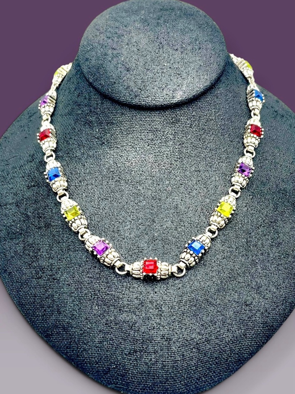 Colorful Vintage Silver Tone Multicolor Rhinestone Tennis Necklace